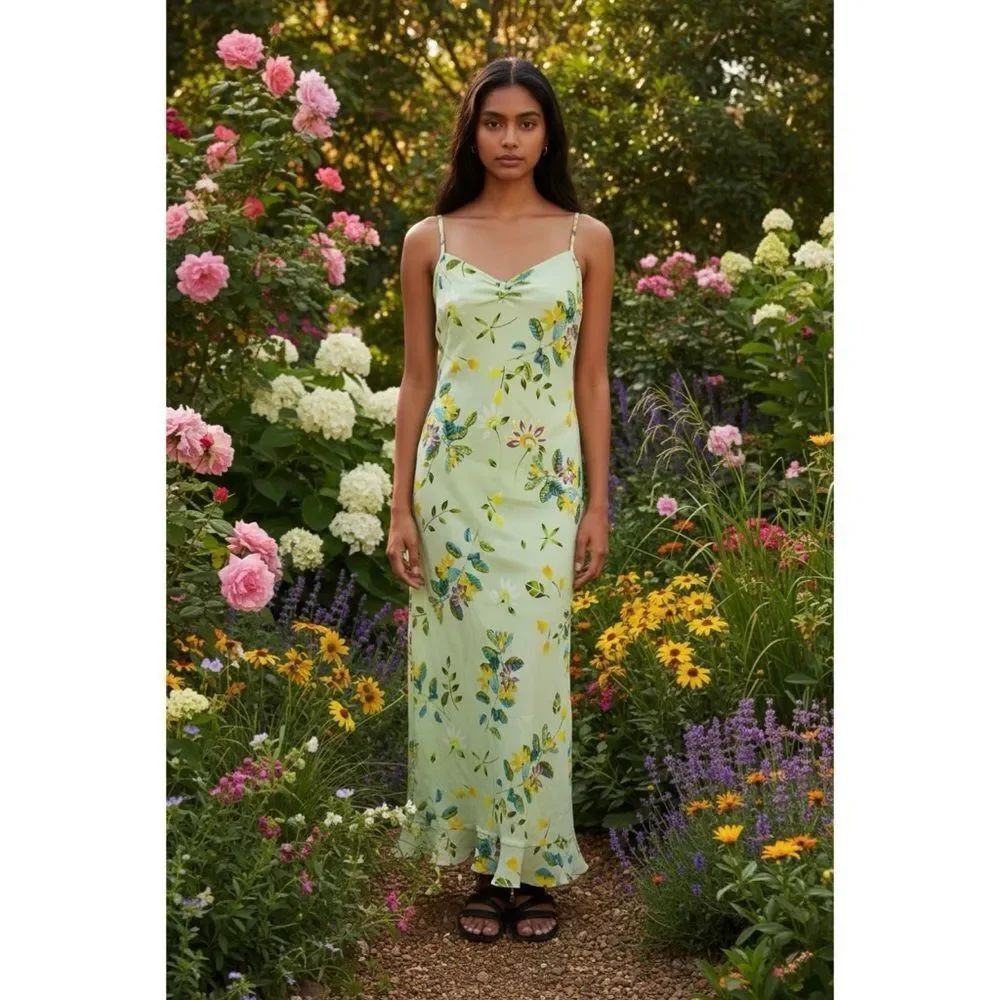 VTG Jonathan Martin Pistachio Green Blue Yellow Floral Babydoll Maxi Slip Dress